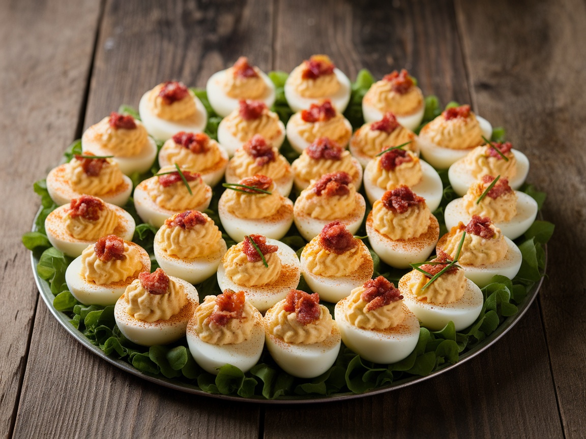 Classic Deviled Eggs Recipe A colorful platter of deviled eggs with paprika and toppings, ready to serve.